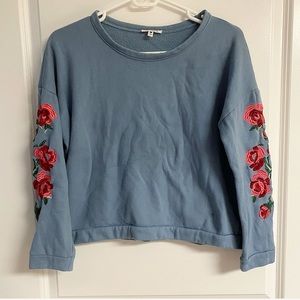 Messy Bun Just Chillin’ Junior’s Blue Sweater w/ Floral Embroidered Sleeves